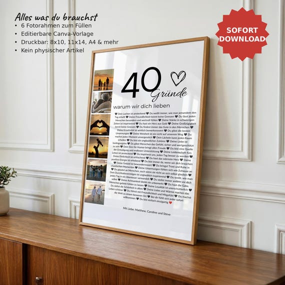 Personalisiertes Geschenk zum 40. Geburtstag – Fotocollage, 40 Gründe warum wir dich lieben, Canva Vorlage
