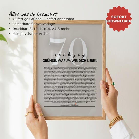 Personalisiertes Geschenk zum 70. Geburtstag – 70 Gründe warum wir dich lieben, Canva Vorlage (Digital Download)