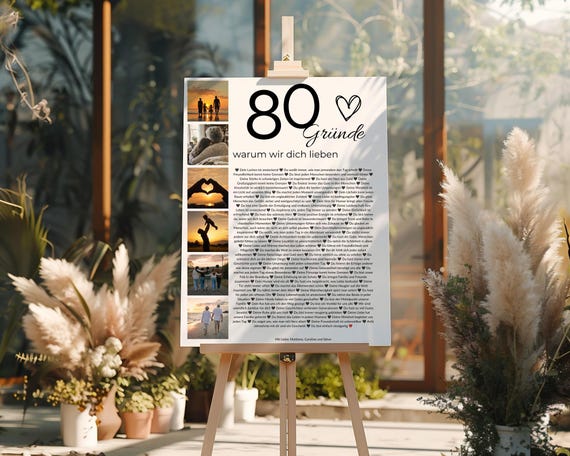 Personalisiertes Geschenk zum 80. Geburtstag – Fotocollage, 80 Gründe warum wir dich lieben, Canva Vorlage