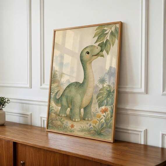 Dinosaur Wall Art, Baby Brontosaurus Nursery Print, New Baby Gift, Playroom Decor