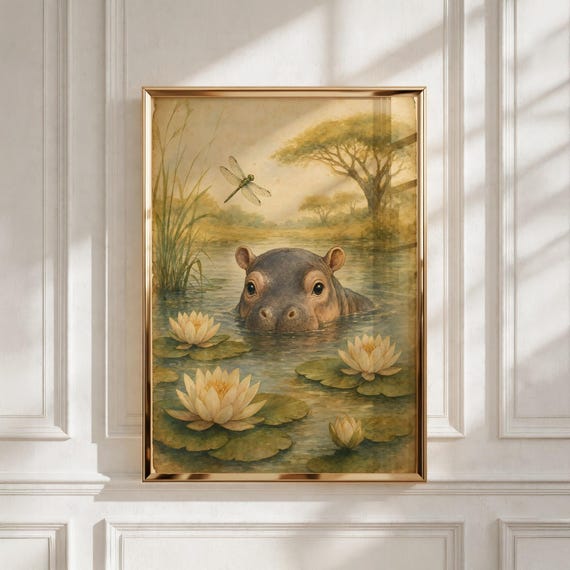 Safari Nursery Decor, Baby Hippo Print, Kids Wall Art - New Baby Gift, Playroom