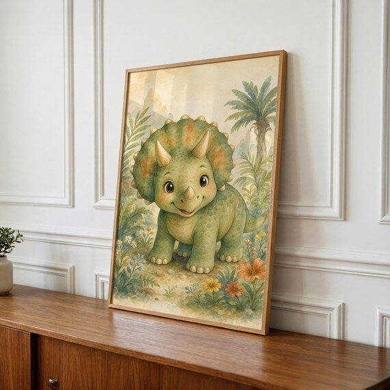Dinosaur Wall Art, Baby Triceratops Nursery Print, Playroom Decor - Instant Download