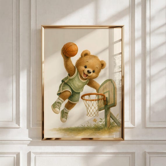 Vintage Sports Nursery Print, Basketball Bear Cub, Kids Room Decor, Baby Gift
