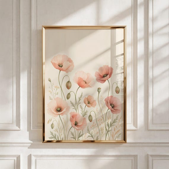 Nursery Wall Art Blush Poppies, Floral Baby Decor - Printable Digital Download