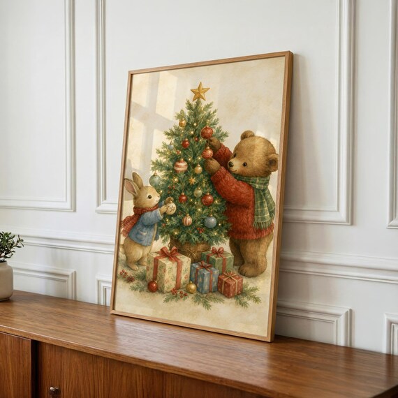 Christmas Nursery Wall Art, Christmas Tree Friends Print - Holiday Decor Gift, Kids Room