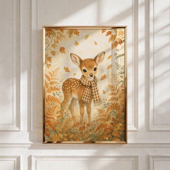 Woodland Nursery Decor, Deer in Gingham Scarf, Printable Wall Art for Kids Room
