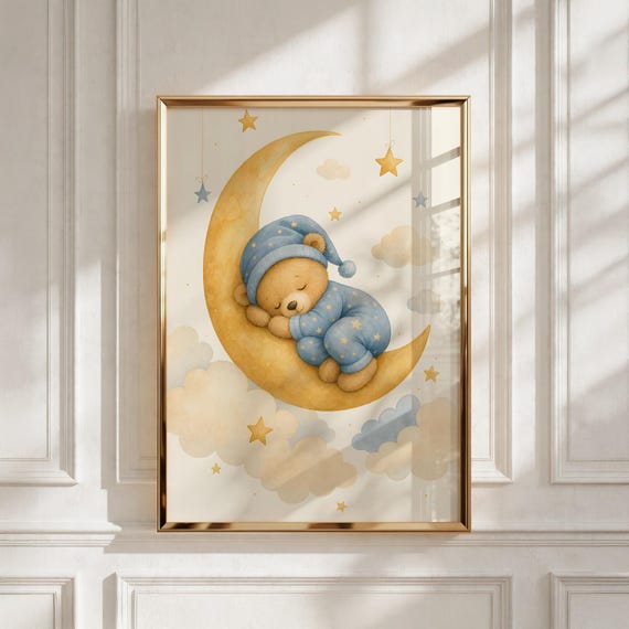 Nursery Wall Art, Dreaming Teddy on the Moon, Kids Room Decor, Baby Shower Gift