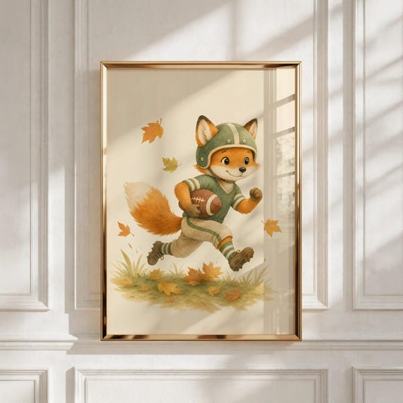Vintage Sports Nursery Print, Football Fox Art, Boys Room Decor, New Baby Gift