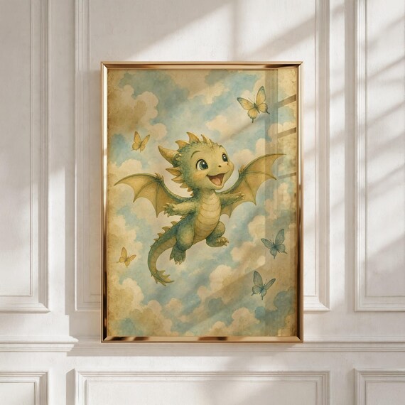 Dragon Nursery Wall Art, Little Dragon Learning to Fly, Playroom Decor, Baby Shower Gift