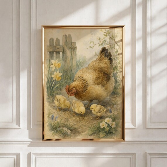 Farm Nursery Wall Art, Mother Hen and Chicks Print, Baby Shower Gift, Kids Room