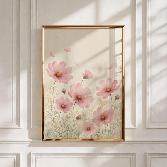 Wildflower Nursery Wall Art, Pink Cosmos Watercolor Printable, Baby Girl Room Decor