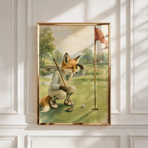 Vintage Sports Nursery Fox Golfer Print, Kids Room Decor, Baby Shower Gift, Digital Download