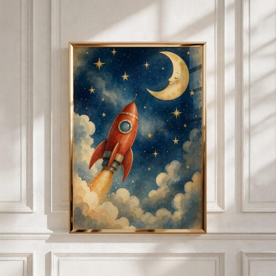 Space Nursery Wall Art, Rocket Ship Print, Kids Room Decor, Baby Shower Gift