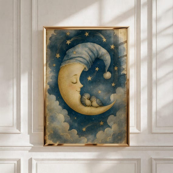 Crescent Moon Nursery Wall Art, Sleepy Celestial Print, Kids Room Decor, Baby Shower Gift