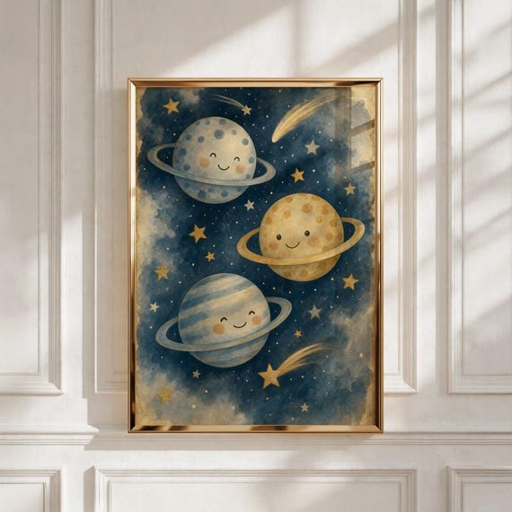 Space Nursery Wall Art, Smiling Planets Printable, Kids Room Decor - Baby Shower Gift