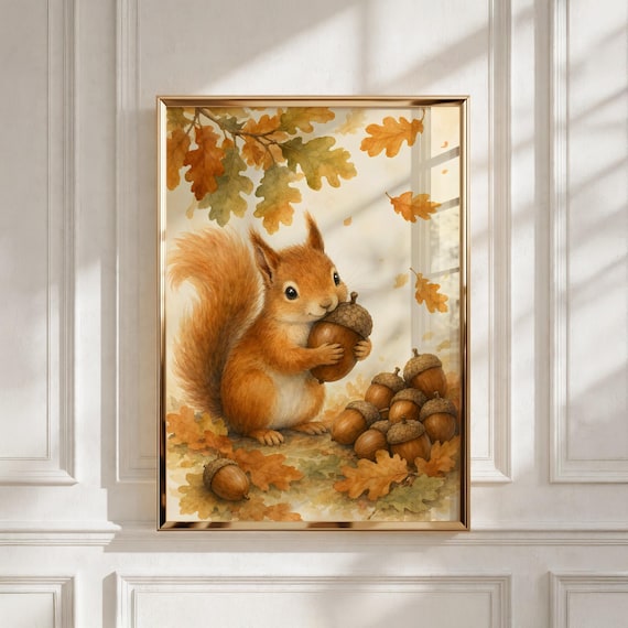 Woodland Nursery Decor, Squirrel and Acorns Print, Kids Room Wall Art - Instant Download