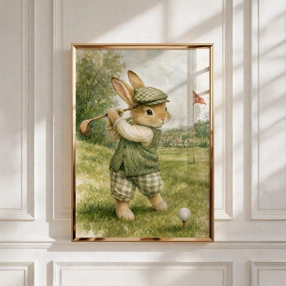 Vintage Sports Nursery Wall Art, Tee Shot Rabbit Golfer Poster, Kids Room Decor