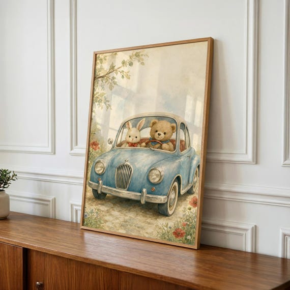 Vintage Car Nursery Wall Art, Printable Kids Room Decor, Baby Shower Gift Ideas