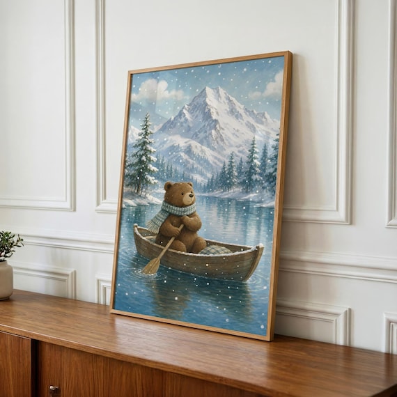 Woodland Nursery Wall Art, Winter Woodland Bear Printable, Baby Shower Gift, Kids Room Decor