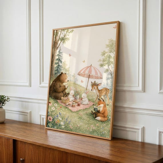 Woodland Nursery Art, Storybook Picnic Print, Kids Room Decor, Baby Shower Gift