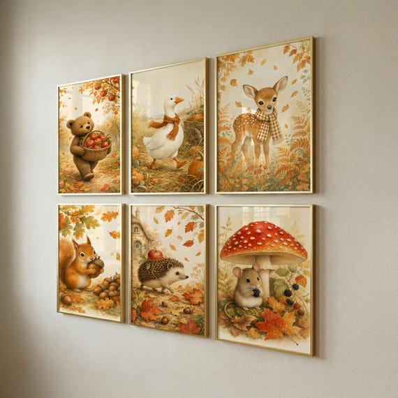 Set of 6 Woodland Nursery Decor, Cottagecore Kids Wall Art