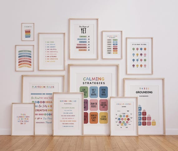 Set of 12 Calm Down Corner Posters, Kids Room Decor, Playroom & Classroom