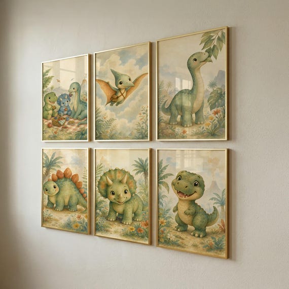 Set of 6 Dinosaur Wall Art, Nursery Prints for Playroom, Baby Shower Gift