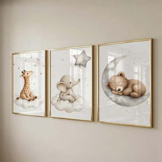 Set of 3 Safari Nursery Decor, Baby Elephant, Sleepy Bear & Giraffe Prints