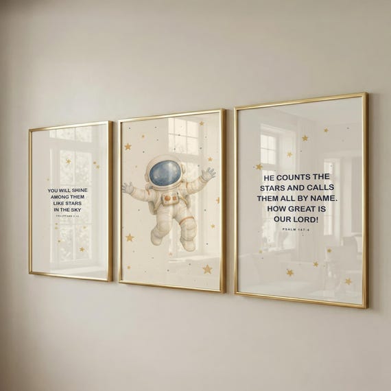 Set of 3 Christian Wall Art, Little Astronaut + Star Bible Verses