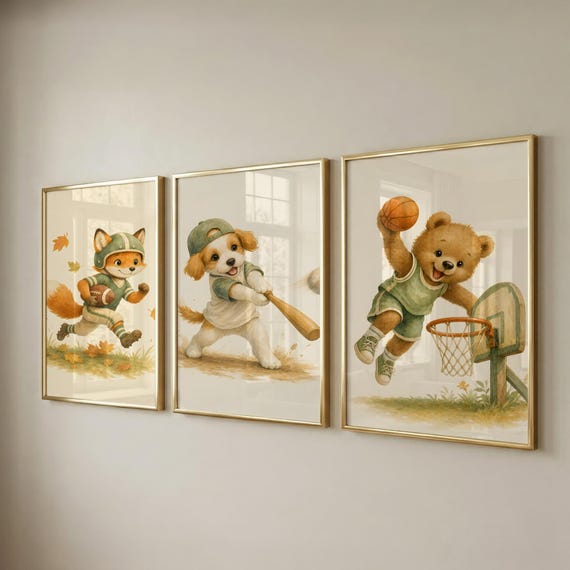 Set of 3 Vintage Sports Prints, Kids Room Decor - Baby Shower Gift