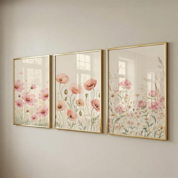 Set of 3 Wildflower Wall Art, Nursery Prints for Kids Room, Baby Shower Gift