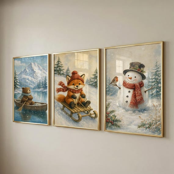 Set of 3 Nursery Prints, Winter Wall Art, Christmas Decor, Kids Room