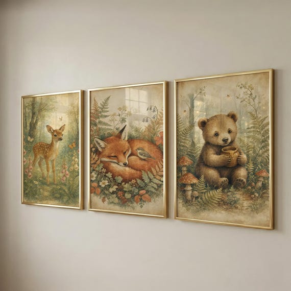 Set of 3 Woodland Nursery Art, Baby Shower Gift, Kids Room Decor, Printable Decor