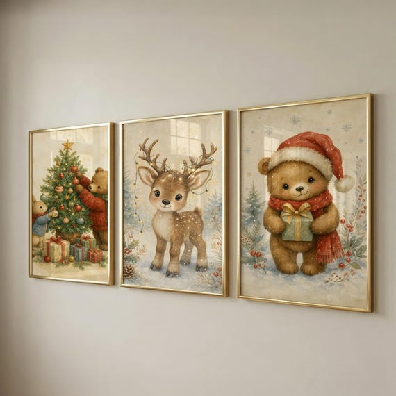 Set of 3 Christmas Wall Art, Holiday Nursery Prints, Kids Room Decor, Instant Download