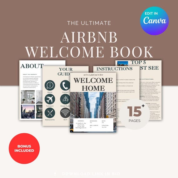 Airbnb Welcome Guide Canva Template: Mobile-Optimized Digital eBook + Bonus