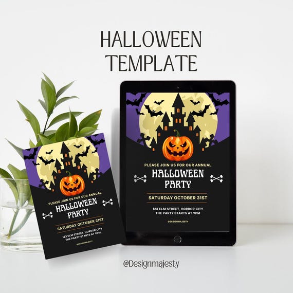 Vintage Halloween Party Invitation Template, Canva A4 (Digital Download)
