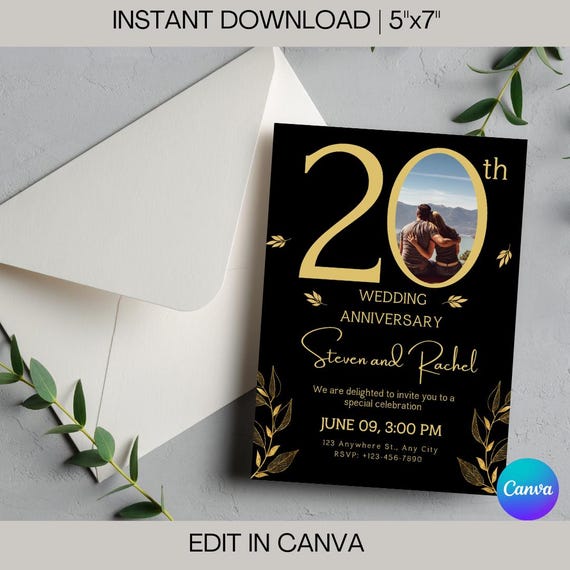 20th Anniversary Invitation Template: Black and Gold, Photo (Editable Canva Download)