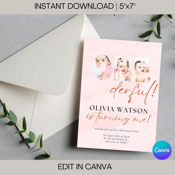 Customizable Onederful Girl 1st Birthday Invitation (Digital Download)