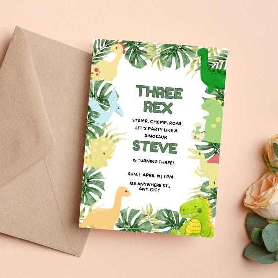 Three Rex Birthday Invitation: Jungle Dinosaur Party (Digital Download)