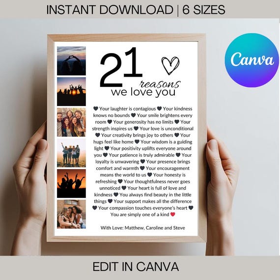 21 Reasons We Love You Poster: 21st Birthday Gift (CANVA, Digital Download)