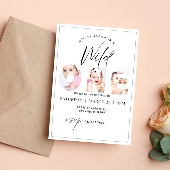 Wild One Girl Birthday Invitation: Minimalist Photo Canva Template (Digital Download)
