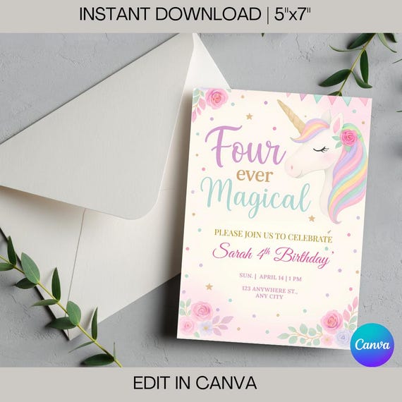 Unicorn 4th Birthday Invitation: Pastel Rainbow, Editable Template (Digital Download)