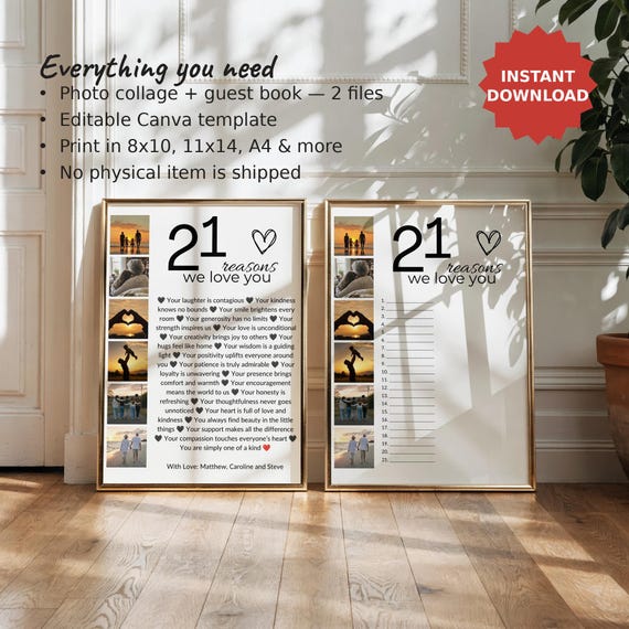 21 Reasons We Love You Photo Collage + Guest Book, 21st Birthday Gift, Editable Canva Template