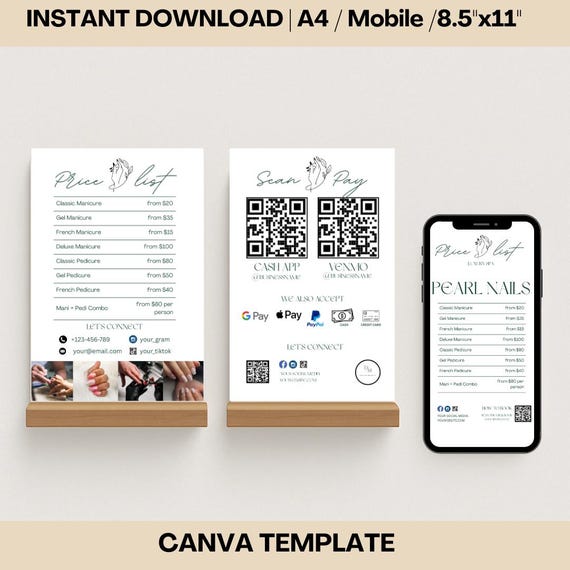 Nail Salon Price List Template: Editable Spa Menu, Scan to Pay (Canva)