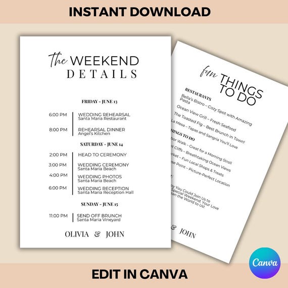 Editable Wedding Itinerary Template – Canva Timeline, Guest Schedule, Event Program – Instant Download - Gift Included