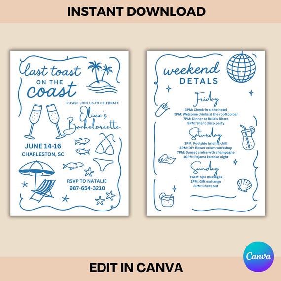 Coastal Bachelorette Invitation Template: Beach Bridal Shower (Canva Editable)