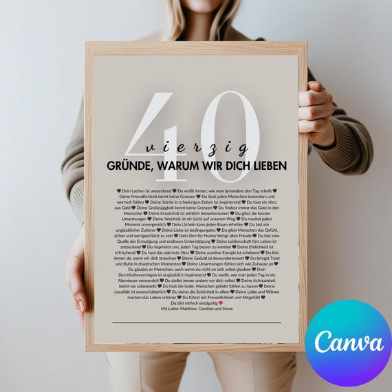 40 Reasons We Love You Gift | DIY Birthday, Anniversary (Canva Template)