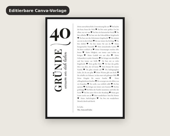 40 Reasons We Love You Poster, Editable Canva Template, Valentine's Gift, Personalized Print, Love Note for Him or Her