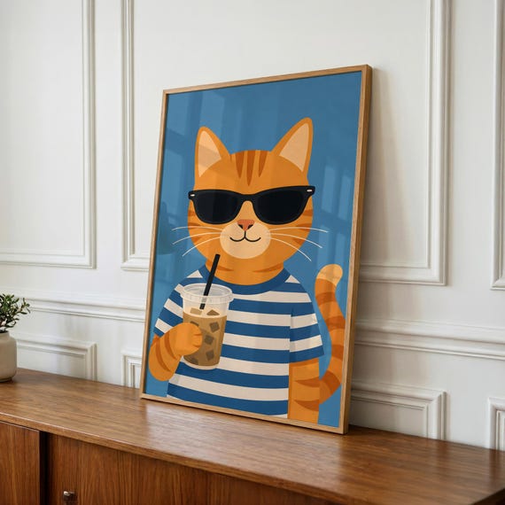 Cat Print, Whimsical Animal Art, Kids Playroom Decor (Digital Download)