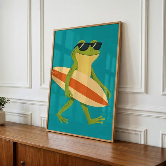 Surfing Frog Print, Whimsical Animal Nursery Wall Art (Digital Download)